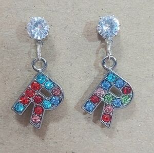 Initial Letter R Multicolored Rhinestone Silver Tone Dangle Earrings